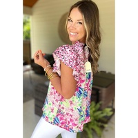 Pink Floral Mixed Print Ruffle Cap Sleeve Blouse - L thumbnail