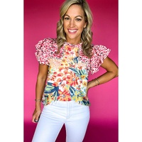 Red Floral Mixed Print Ruffle Cap Sleeve Blouse - M thumbnail