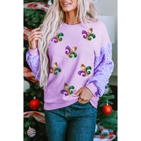 Orchid Petal Sequin Patchwork Long Sleeve Fleur de Lis Patched Pattern Top - L thumbnail