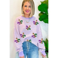 Purple Stripe Sequin Fleur de Lis Patched Pattern Long Sleeve Top - L thumbnail