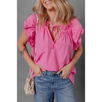 Sachet Pink Shirred Yoke Lace up V Neck Ruffled Sleeve Blouse - L thumbnail