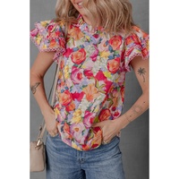 Multicolour Lace Trim Ruffle Short Sleeve Floral Blouse - M thumbnail