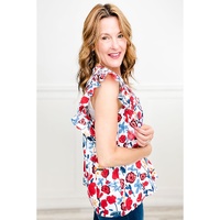 Red Flowers Pintuck Detail V-Neck Ruffled Sleeve Top - L thumbnail