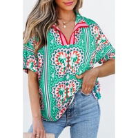 Sea Green Boho Abstract Print Contrast Striped Collared V Neck Blouse - L thumbnail