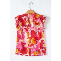 Red Abstract Print Split V Neck Ruffle Short Sleeve Blouse - L thumbnail