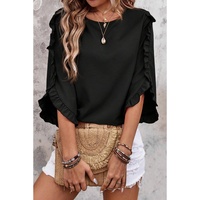 Black Ruffle Trimmed 3/4 Sleeve Round Neck Blouse - M thumbnail