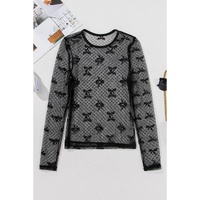 Black Bow Pattern Accent Mesh Long Sleeve Top - S thumbnail