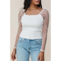 White Swiss Dot Mesh Long Sleeve Square Neck Slim Top - M thumbnail