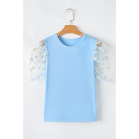 Beau Blue Floral Mesh Puff Sleeve Crew Neck Top - L thumbnail