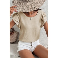 Beige Solid Color Ruffled Short Sleeve Casual Blouse - L thumbnail