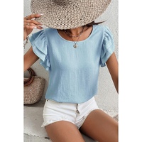 Mist Blue Solid Color Ruffled Short Sleeve Casual Blouse - L thumbnail