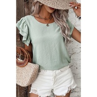 Clearly Aqua Solid Color Ruffled Short Sleeve Casual Blouse - L thumbnail