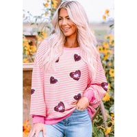 Pink Stripe Sequin Heart Patched Pattern Long Sleeve Valentines Top - 2XL thumbnail
