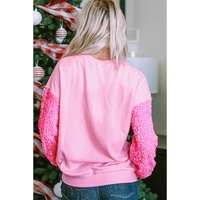 Pink Leopard Heart Graphic Sequin Patchwork Long Sleeve Valentines Top - L thumbnail