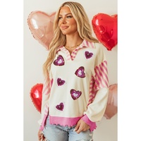 Pink Stripe Patchwork Sequin Heart Pattern Long Sleeve Collared Split Top - L thumbnail