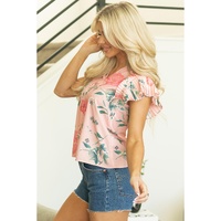 Pink Floral Print Frilled V Neck Pleated Sleeve Blouse - L thumbnail