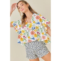 Yellow Floral Boxy Fit Ruffled Short Sleeve V Neck Blouse - L thumbnail
