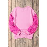 Pink Valentine Shiny Slogan Heart Sequin Sleeve Patchwork Pullover Top - L thumbnail