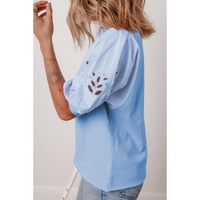 Beau Blue Eyelet Flower Embroidered Puff Short Sleeve Patchwork Crew Neck Blouse - L thumbnail