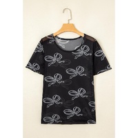 Black Bow Printed Mesh Short Sleeve Top - L thumbnail