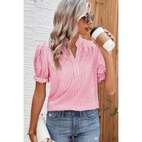 Pink Stripe Notched Neck Frilled Short Puff Sleeve Blouse - L thumbnail