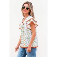 Green Geometric Floral Print Layered Flutter Sleeve V Neck Ric Rac Trim Blouse - M thumbnail