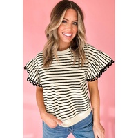 Black Stripe Scallop Lace Trim Ruffle Short Sleeves Crewneck Top - L thumbnail