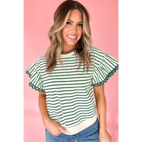 Green Stripe Scallop Lace Trim Ruffle Short Sleeves Crewneck Top - L thumbnail