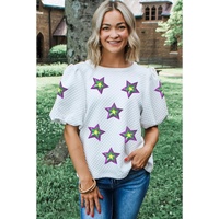 White Textured Sequin Mardi Gras Star Graphic Puff Sleeve Blouse - M thumbnail