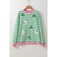 Bright Green Striped Sequin Clover Graphic Colorblock Long Sleeve St Patrick Top - L thumbnail