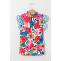 Sky Blue Floral Mock Neck Striped Flutter Sleeve Blouse - L thumbnail