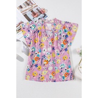 Pink Flutter Sleeve V Neck Floral Top - L thumbnail