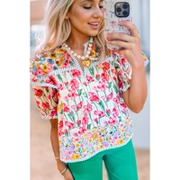 Pink Floral Print Striped Detail Split Neck Short Sleeve Blouse - L thumbnail