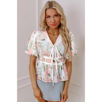 Pink Floral Puff Sleeve V Neck Tied Front Peplum Blouse - L thumbnail