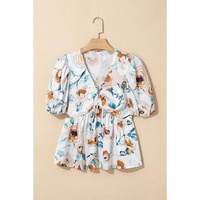 Green Floral Print Puff Sleeve V Neck Babydoll Blouse - XL thumbnail
