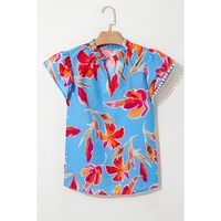 Sky Blue Floral Print V Neck Pompom Trim Flutter Sleeve Blouse - L thumbnail