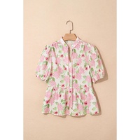 Pink Floral Print Drawstring V Neck Peplum Blouse - L thumbnail