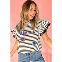 Black Stripe Sequin America Star Graphic Ric Rac Flutter Sleeve Blouse - L thumbnail