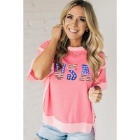 Peach Blossom USA Color Block High Low Crew Neck T Shirt - L thumbnail