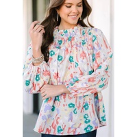 Multicolor Printed Frilled Neck Smocked Loose Blouse - L thumbnail