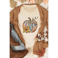 Khaki Pumpkin with Flower Graphic T Shirt - M thumbnail