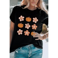 Black Pumpkin Flower Print Short Sleeve Graphic Top - L thumbnail