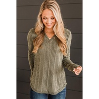 Jungle Green V Neck Buttoned Ribbed Knit Top - L thumbnail