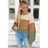 Green Stripe Textured Color Block Bubble Sleeve Baggy Top - S thumbnail