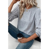 Gray Contrast Ribbed Bishop Sleeve Top - L thumbnail