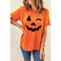 Orange Halloween Pumpkin Face Print Crew Neck T Shirt - S thumbnail