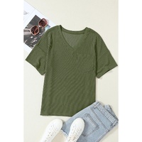 Azura Exchange Jungle Green Corded V Neck Chest Pocket Loose T-shirt - L thumbnail