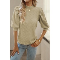 Apricot Vintage Textured Puff Sleeve Mock Neck Top - L thumbnail