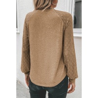 Light French Beige Contrast Lace Raglan Sleeve Plicate Round Neck Top - S thumbnail