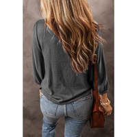 Medium Grey Solid Color 3/4 Sleeve Round Neck Blouse - L thumbnail